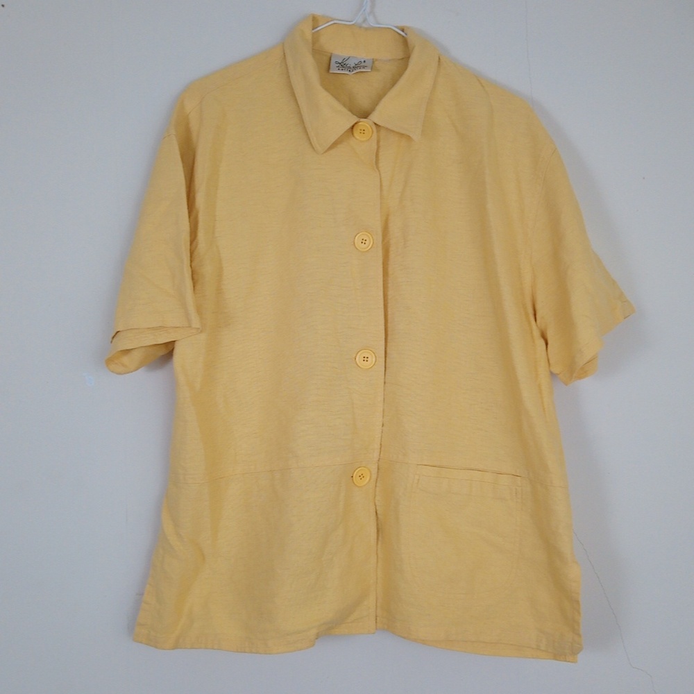 Kathie Lee Collection Yellow Short Sleeve Button Down Blouse Top Shirt